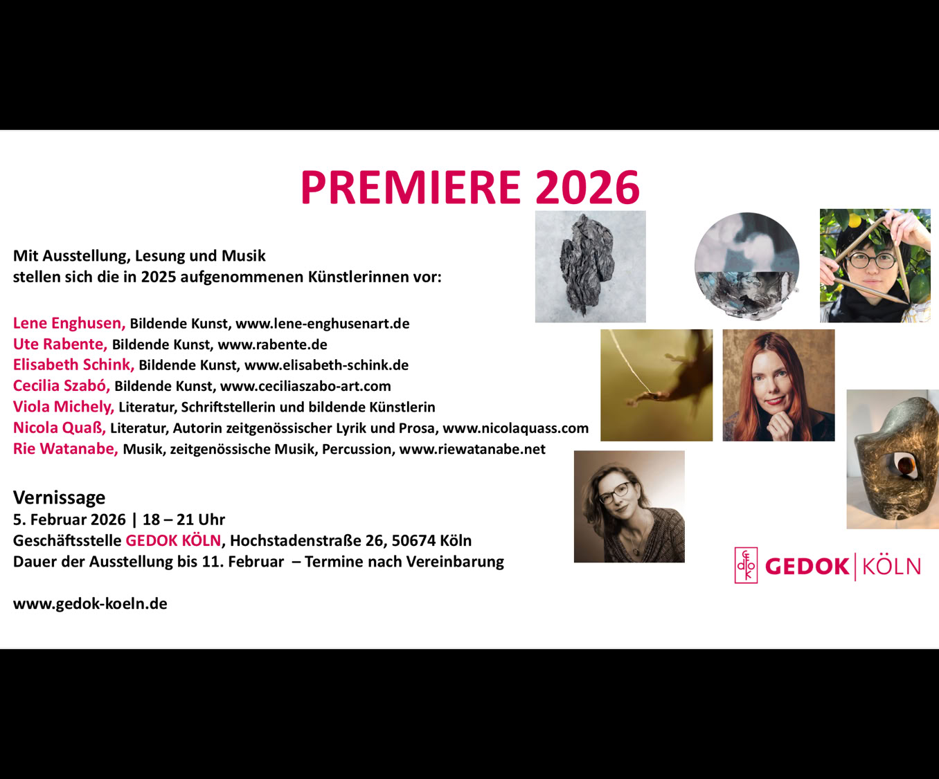 Plakat: Premiere 2026: Die Autorin Nicola Quaß liest unter anderem aus ihren Roman Hungergesang in der Räumen der GEDOK Köln im Jahr 2026
