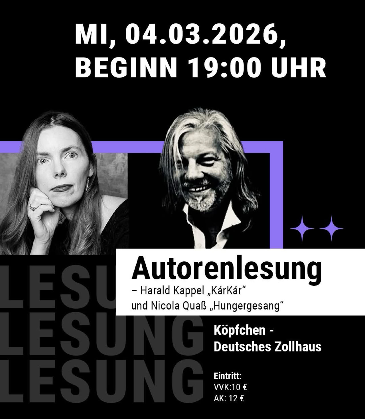 Plakat: Gemeinsame Autorenlesung Harald Kappel "KárKár" und Nicola Quaß "Hungergesang" im Kulturort Köpfchen am ehemaligen Grenzübergang (Deutsches Zollhaus)